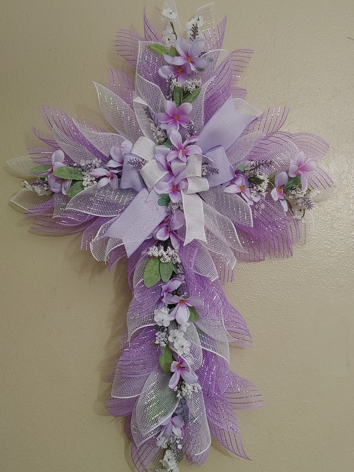 Wreath -Cross Frame with Purple mesh, White mesh, and florals