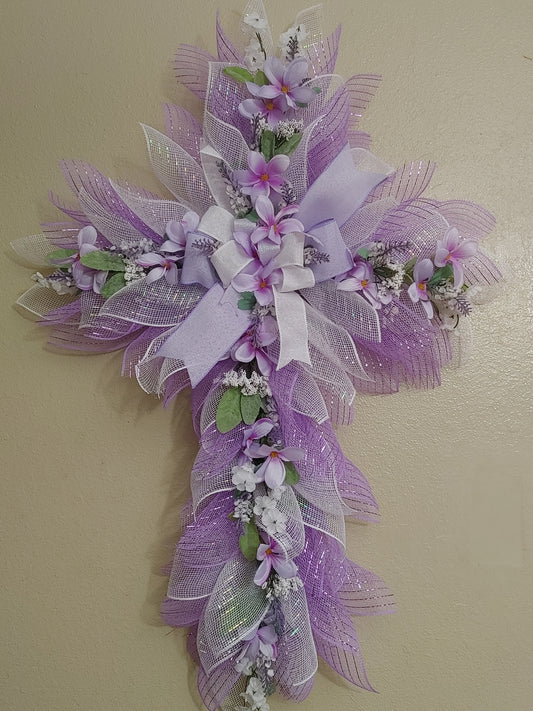 Wreath -Cross Frame with Purple mesh, White mesh, and florals