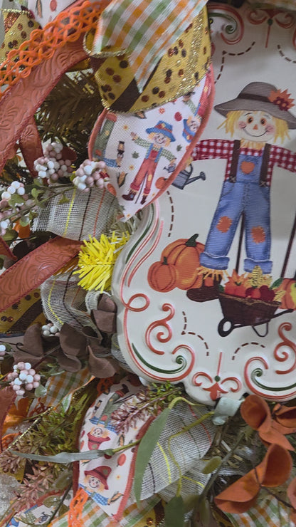 Fall Scarecrow Designer Door Swag | Oversized Harvest Wreath | Handmade Fall Door Decor