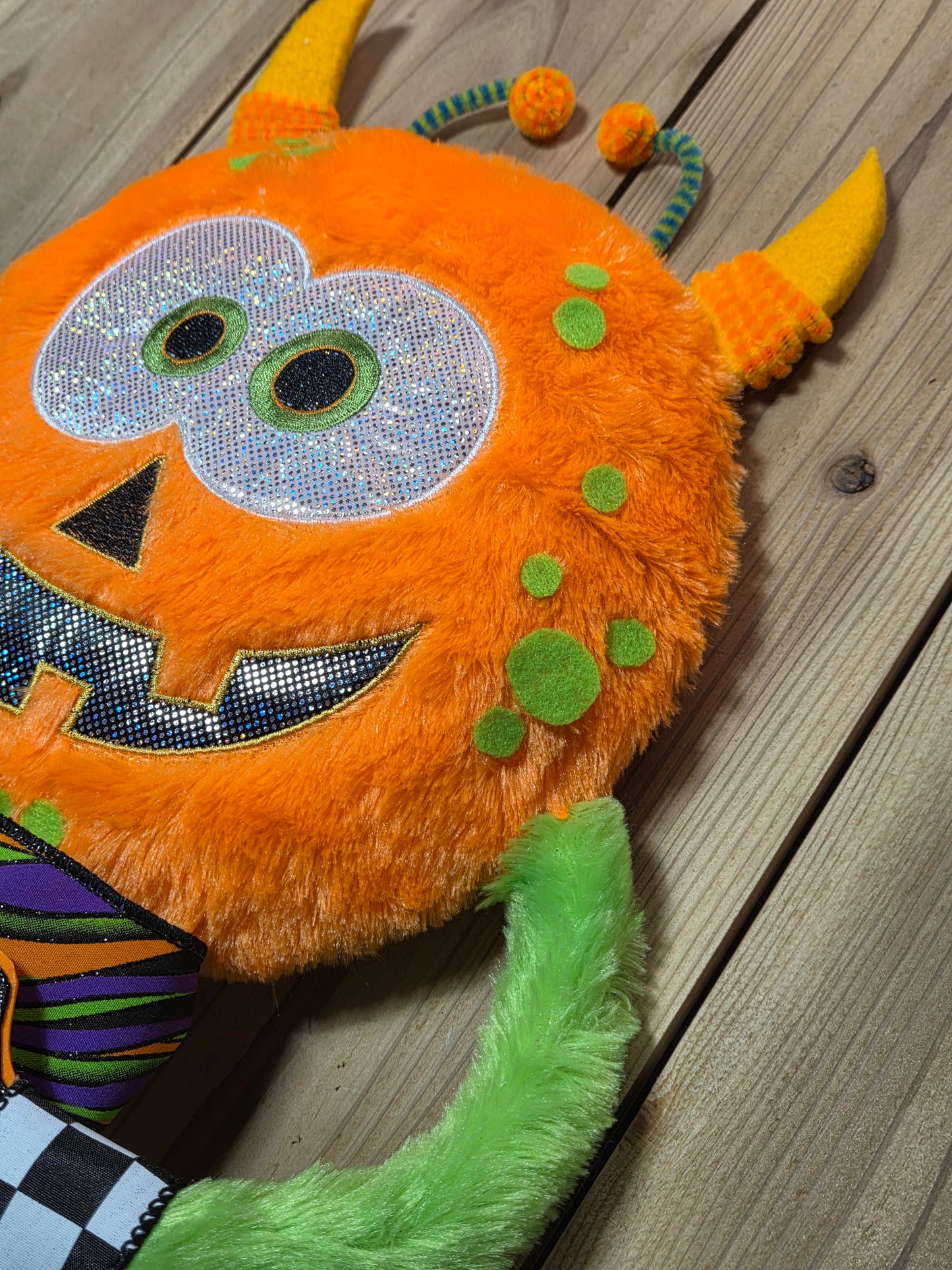 Ziggy the Pumpkin Monster Halloween Wreath Attachment | Whimsical Plush Door Hanger Decor