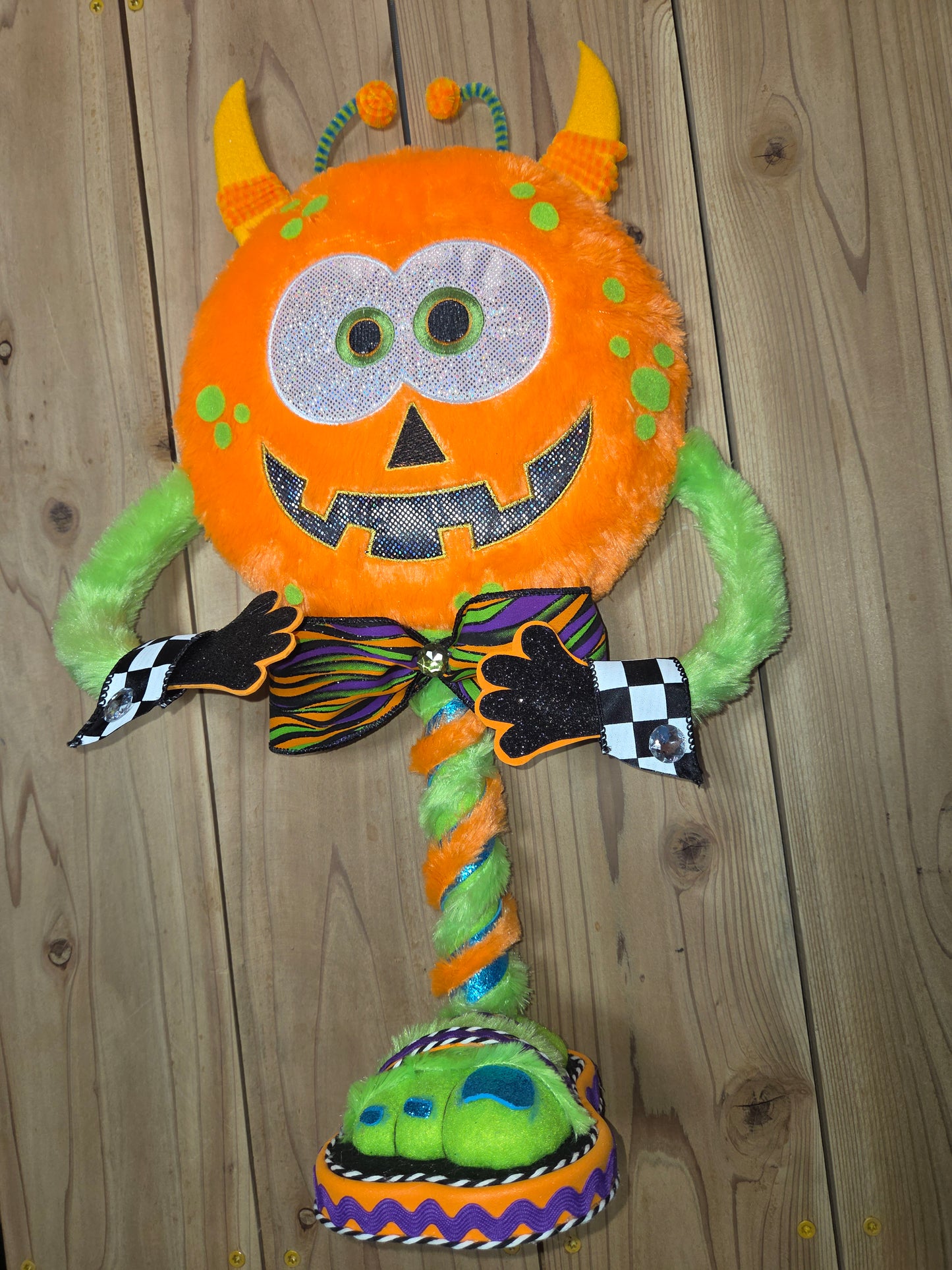 Ziggy the Pumpkin Monster Halloween Wreath Attachment | Whimsical Plush Door Hanger Decor