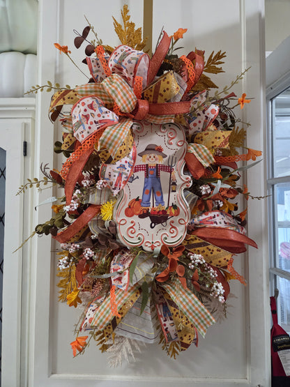 Fall Scarecrow Designer Door Swag | Oversized Harvest Wreath | Handmade Fall Door Decor