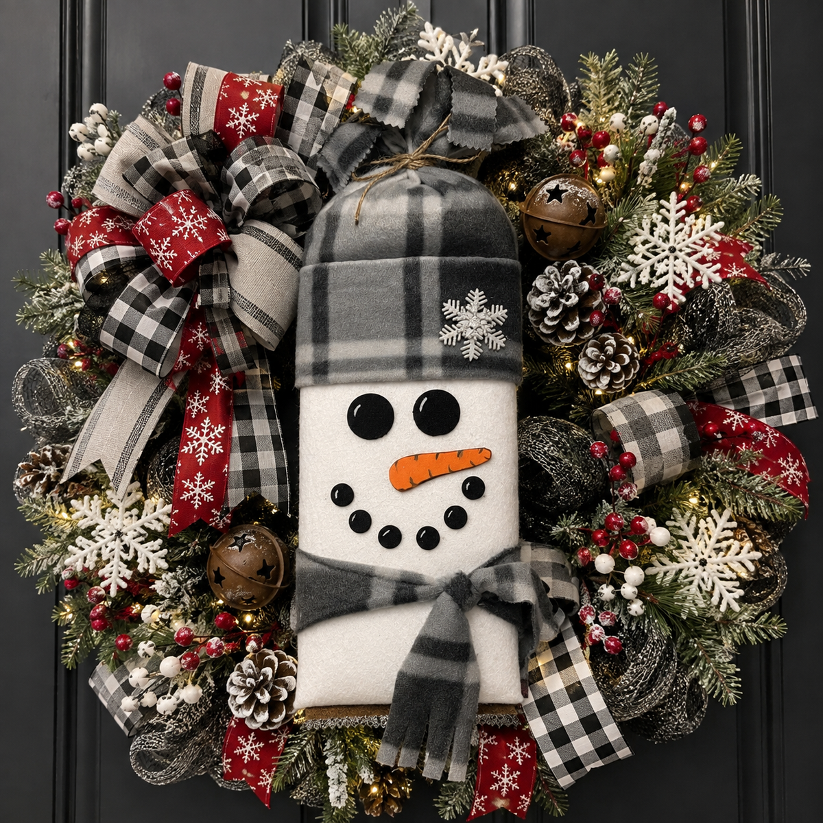 Winter Snowman Wreath Attachment | Gray Buffalo Plaid Snowman Door Hanger Accent | Handmade Holiday Wreath Decor