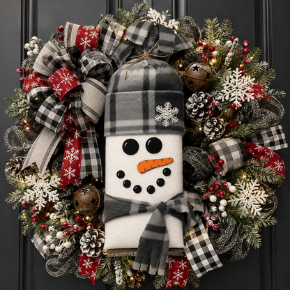 Winter Snowman Wreath Attachment | Gray Buffalo Plaid Snowman Door Hanger Accent | Handmade Holiday Wreath Decor