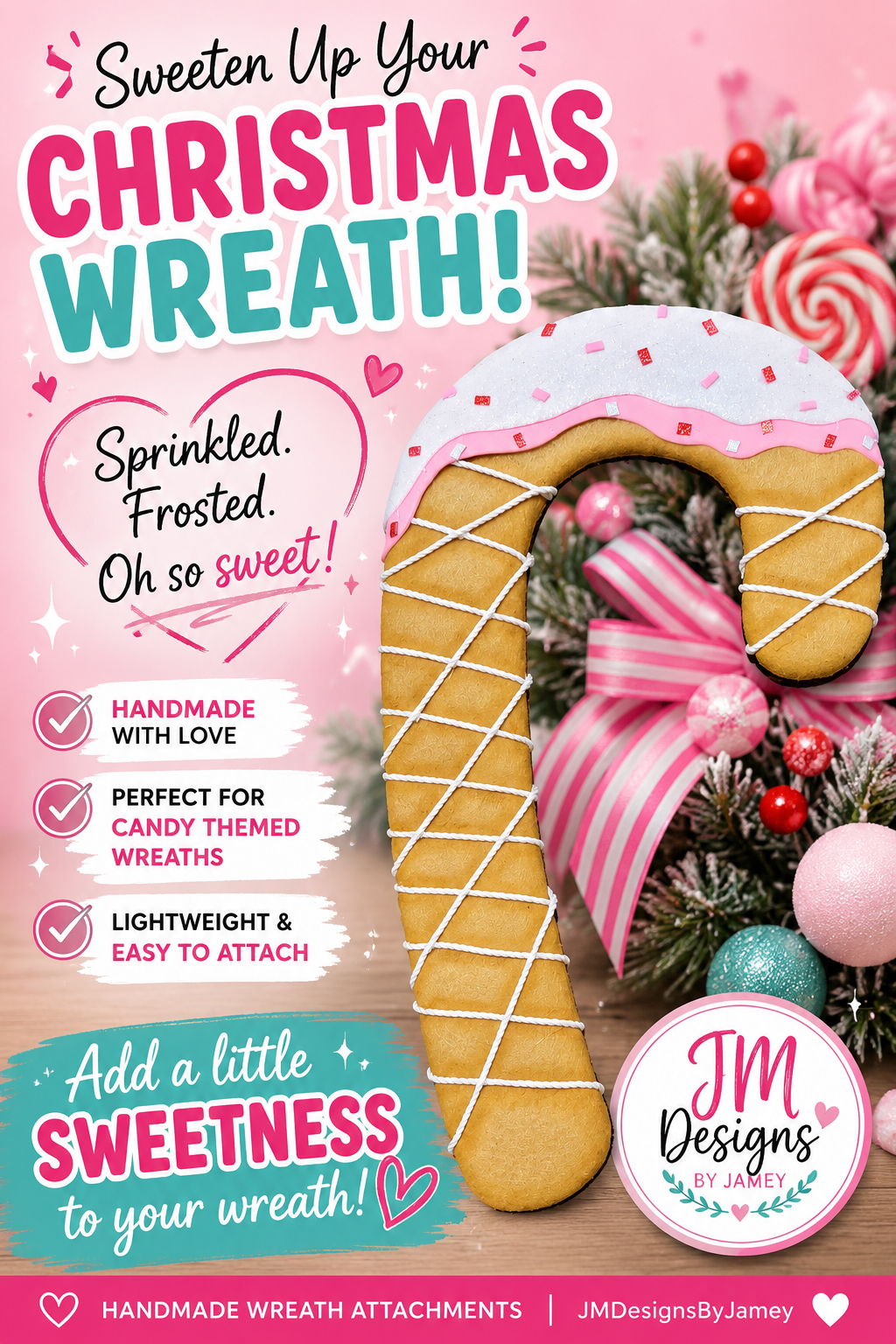Frosted Sprinkle Candy Cane Wreath Attachment