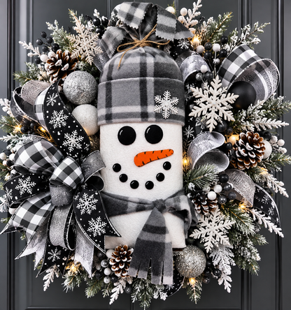 Winter Snowman Wreath Attachment | Gray Buffalo Plaid Snowman Door Hanger Accent | Handmade Holiday Wreath Decor