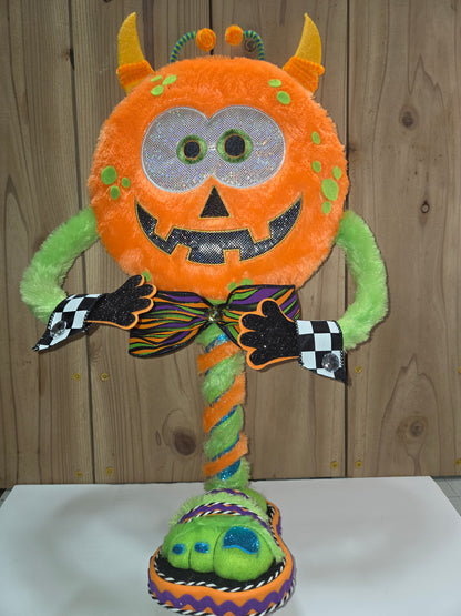 Ziggy the Pumpkin Monster Halloween Wreath Attachment | Whimsical Plush Door Hanger Decor