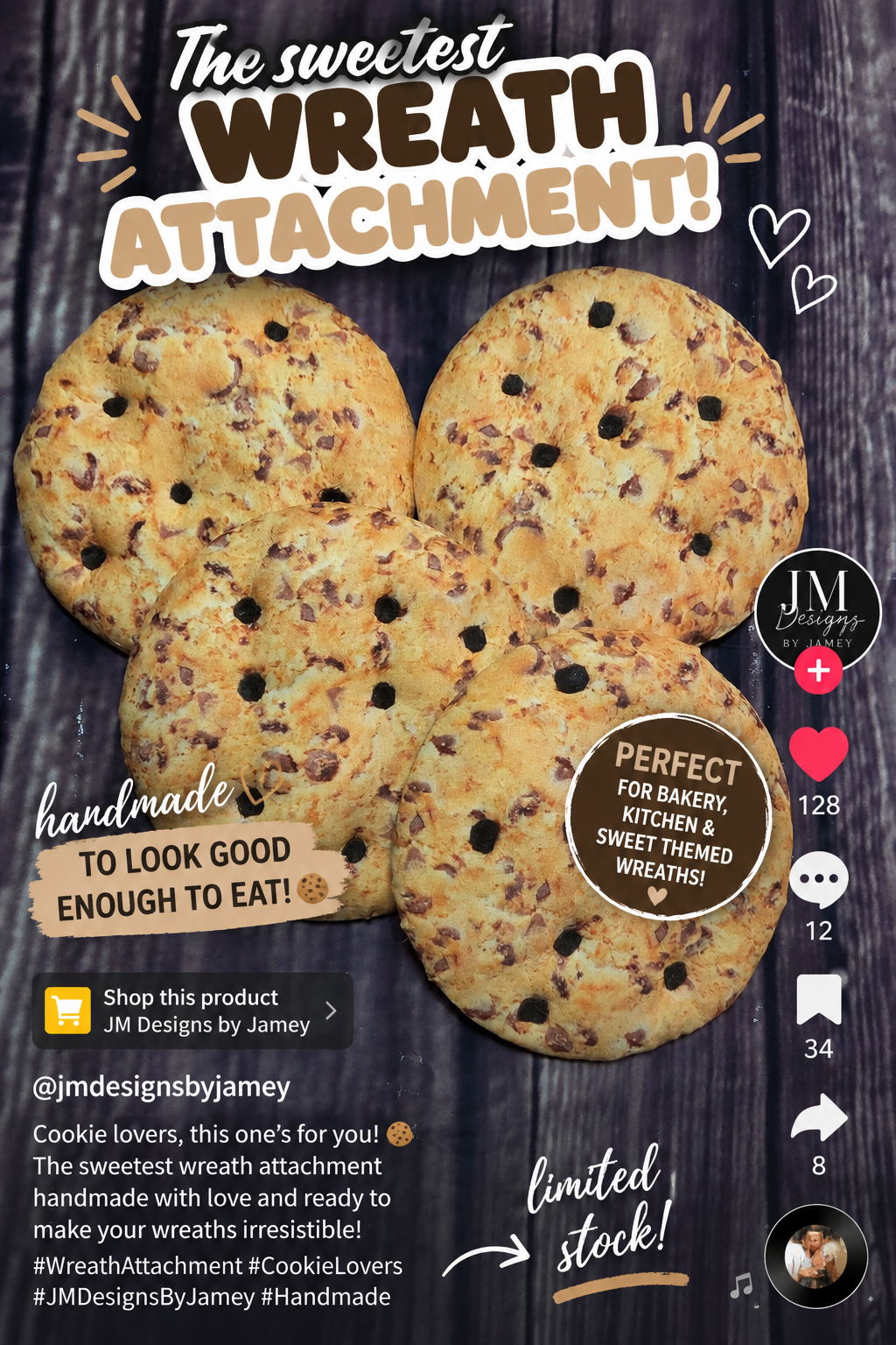 Chocolate Chip Cookie Wreath Attachments – 6" Handmade Cookie Decor