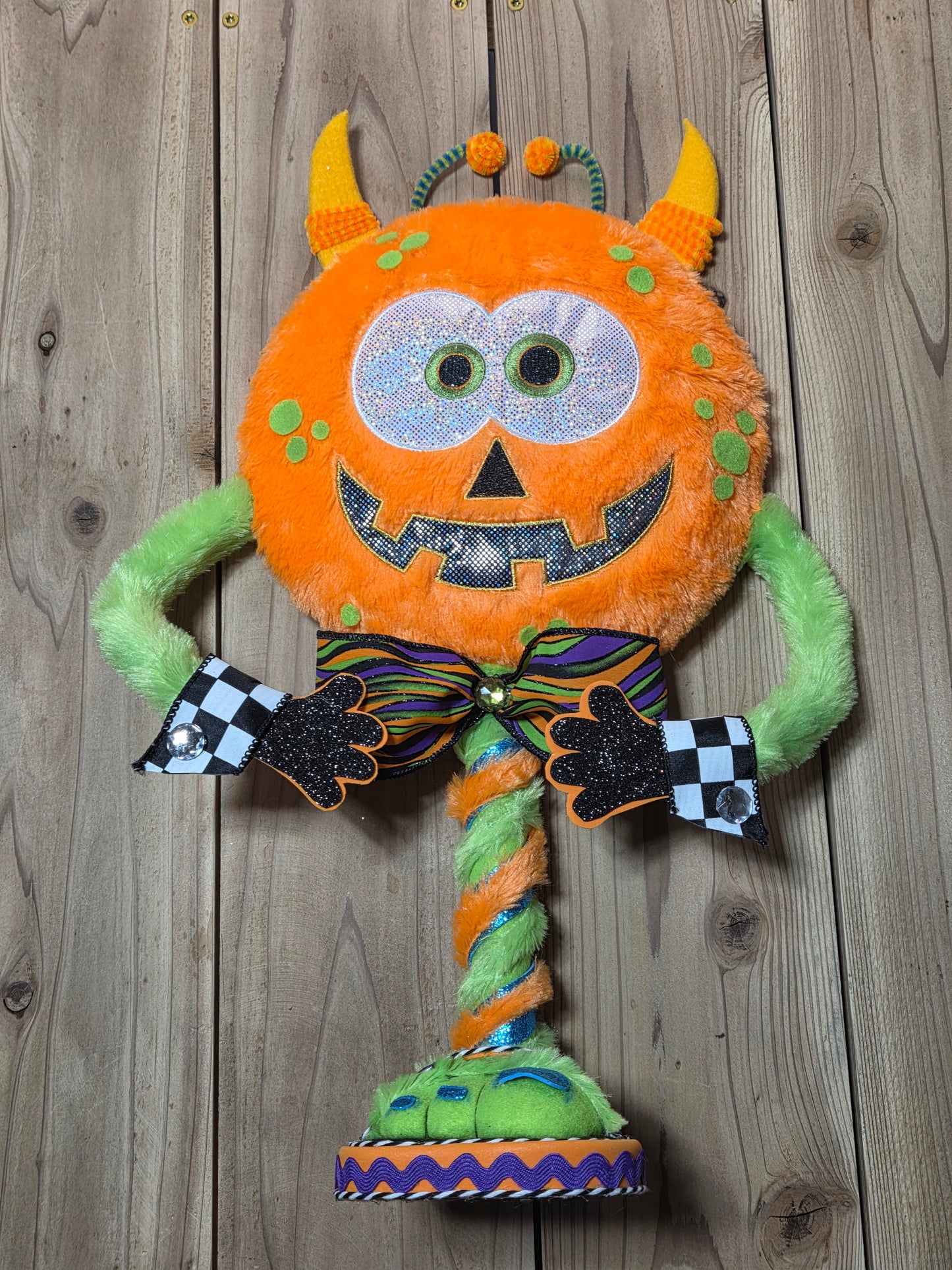 Ziggy the Pumpkin Monster Halloween Wreath Attachment | Whimsical Plush Door Hanger Decor