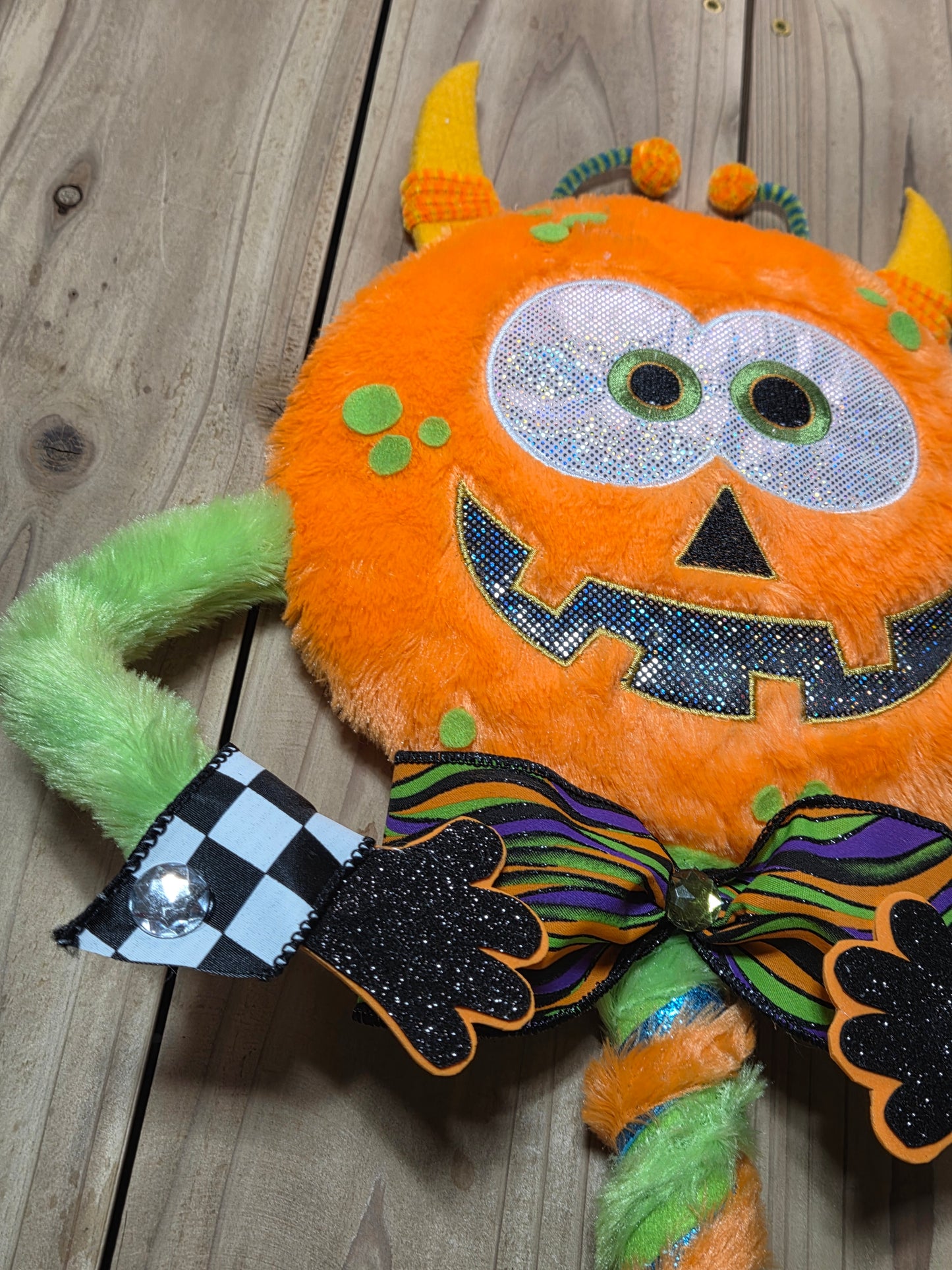 Ziggy the Pumpkin Monster Halloween Wreath Attachment | Whimsical Plush Door Hanger Decor